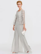 3 Piece Chiffon Square Neck Mother of the Bride Pantsuits with Jacket
