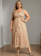 Pure Color Tea Length Mother Of The Bride Dress With Vneck And Aline Silhouette