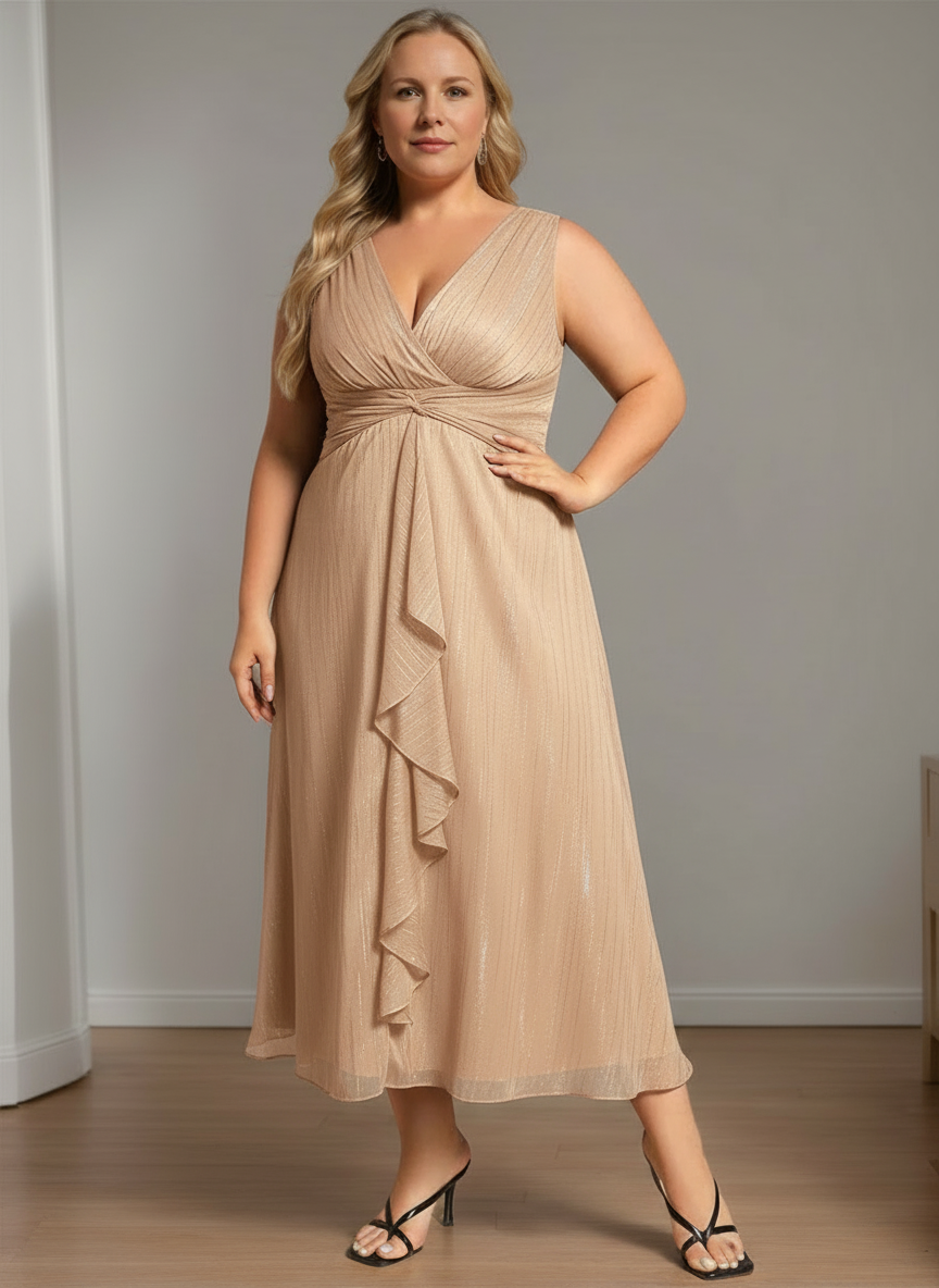 Pure Color Tea Length Mother Of The Bride Dress With Vneck And Aline Silhouette