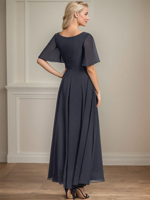 Robe de mère de la mariée en mousseline, ligne A, col en V, longueur cheville, ornée de perles plissées et de paillettes