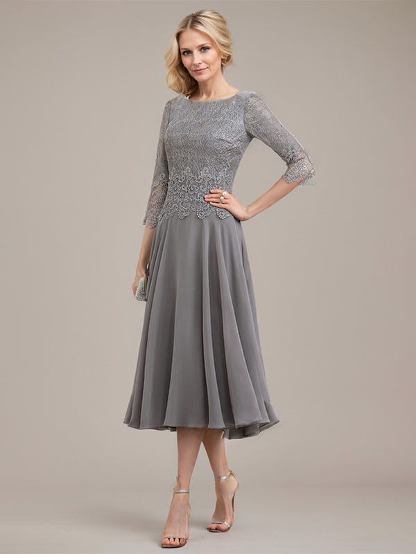 A-Linie U-Ausschnitt Wadenlang Chiffon-Kleid für die Brautmutter 