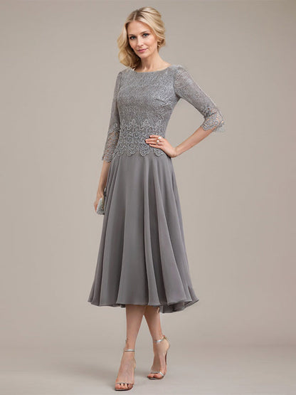 A-Linie U-Ausschnitt Wadenlang Chiffon-Kleid für die Brautmutter 