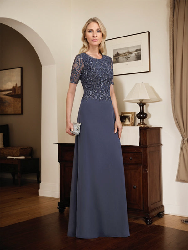 Robe de mère de la mariée en dentelle et mousseline, longueur au sol, en ligne A, décolleté en U, ornée de paillettes