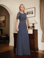 Robe de mère de la mariée en dentelle et mousseline, longueur au sol, en ligne A, décolleté en U, ornée de paillettes