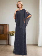 Vestido de Mãe da Noiva em Chiffon com Renda, Corte Coluna/Justo, Comprimento ao Chão, com Lantejoulas e Bordados