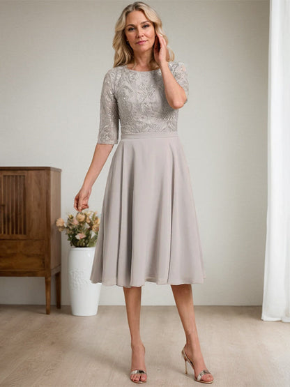 A-Linie U-Ausschnitt Knielang Chiffon Spitzenkleid für die Brautmutter
