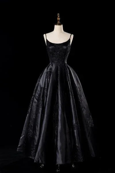 Vestido de Noiva Preto em Cetim Sedutor com Alças Finas, Modelo Linha A, Vestido de Festa para Noite, Vestido Formal de Baile Y7545