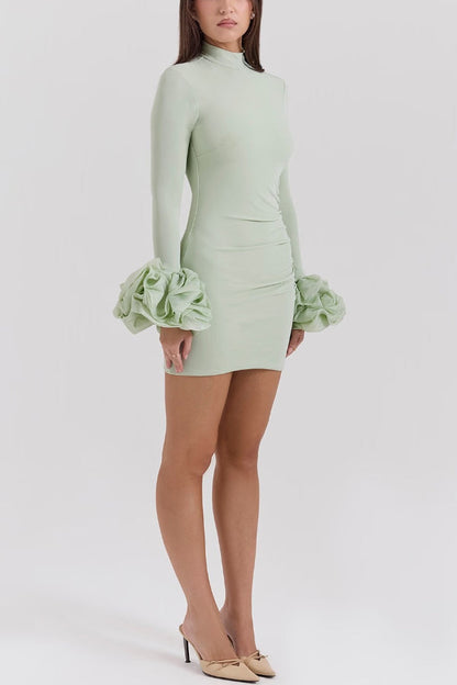Minikleid mit Rüschen, Patchwork, langen Ärmeln und hohem Halsausschnitt 