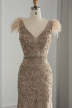 Bmbridal Taupe A Line V Neck Tulle Cap Sleeves Prom Dress With Appliques