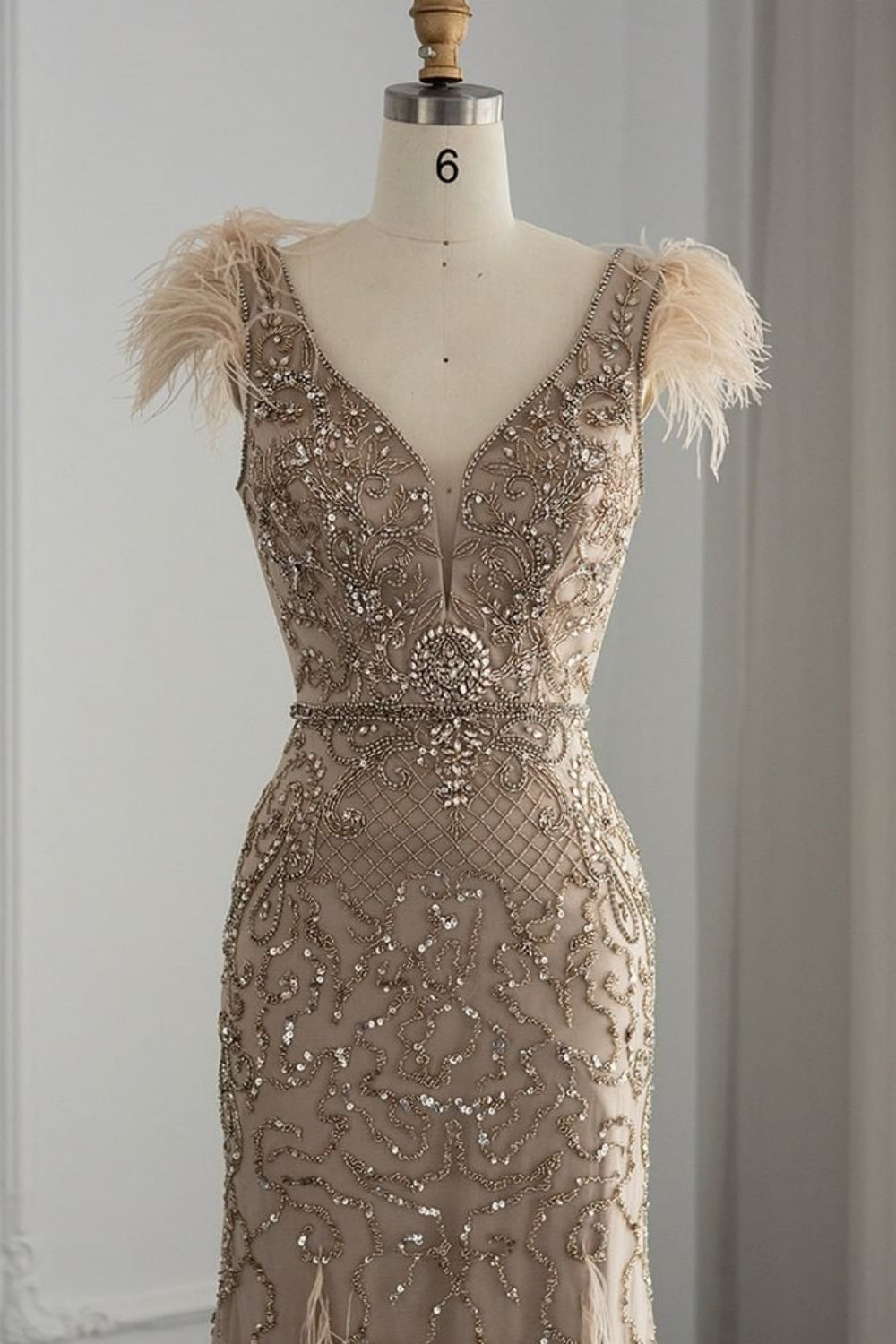 Bmbridal Taupe A Line V Neck Tulle Cap Sleeves Prom Dress With Appliques