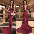 Burgundy Sequined Halter Neck Mermaid Prom Dress With Slit Floor Length