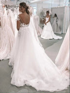 Modern Short Sleeves Floor Length Tulle A Line Wedding Dress With Appliques Lace