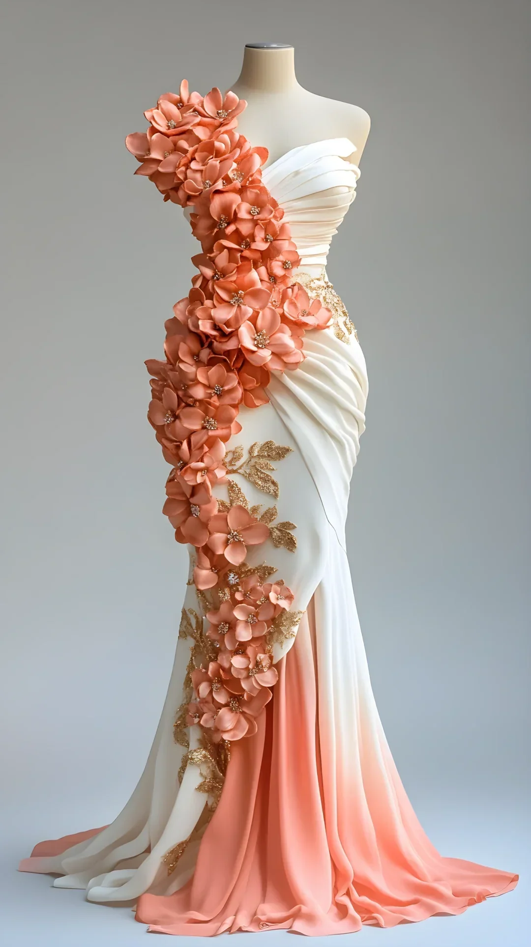 Hübsche Pfingstrosen-Blumenapplikationen Chiffon-Abendkleid Meerjungfrau Langes Festkleid Y8565