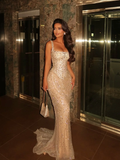 Mermaid Spaghetti Strap Prom Dress Beaded Evening Gown Custom Colors Available
