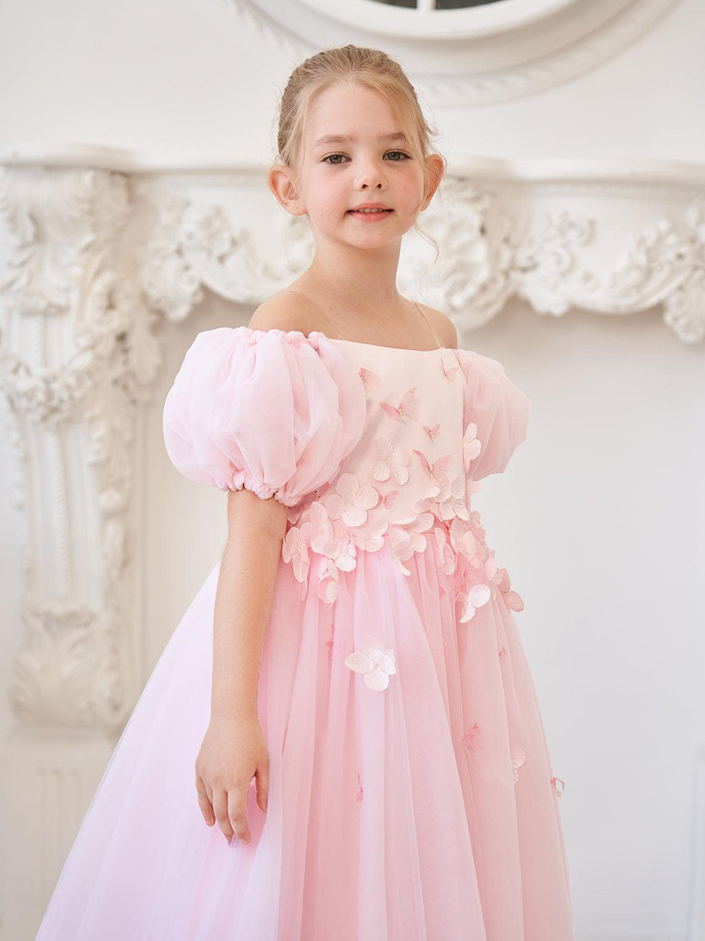 Tulle Tea Length Flower Girl Dress Square Neck Floral Applique Beading