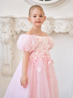 Tulle Tea Length Flower Girl Dress Square Neck Floral Applique Beading