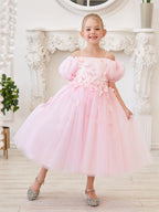 Tulle Tea Length Flower Girl Dress Square Neck Floral Applique Beading