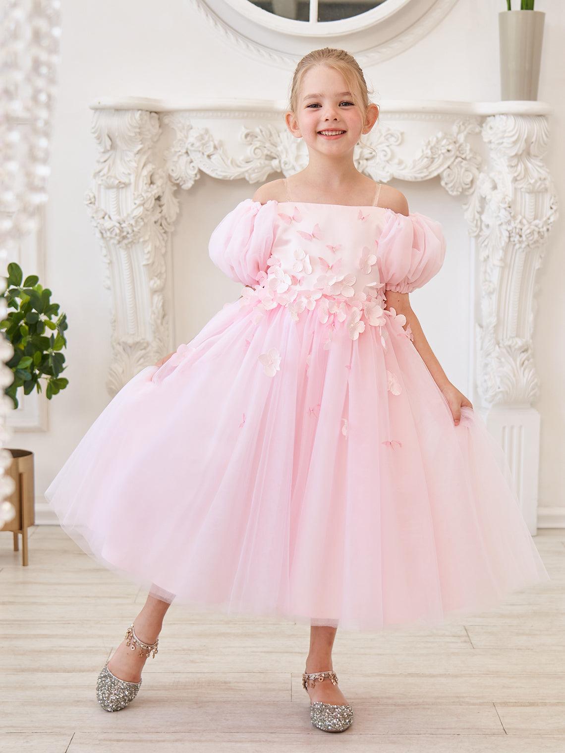 Tulle Tea Length Flower Girl Dress Square Neck Floral Applique Beading
