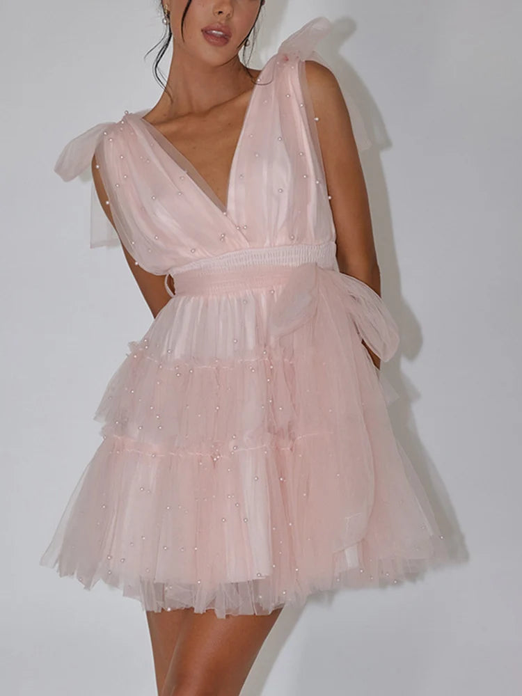 TARUXY Solid Mesh Splice Bow Mini Dress For Women Pearl Sleeveless Sexy Plunge V Neck Solid Elegant Party Evening Dress Female