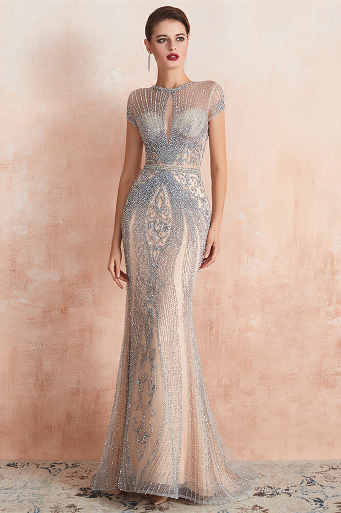 Abito lungo da cerimonia con perline da sirena incantevole e maniche corte