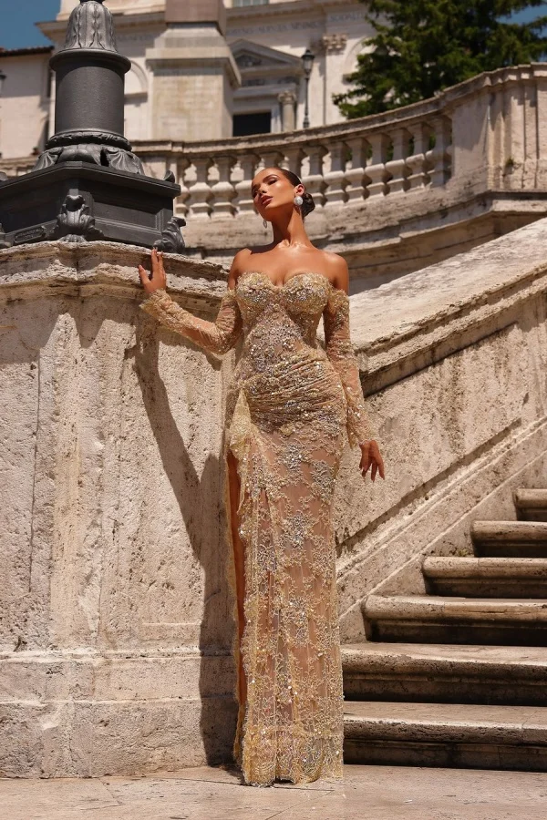 Off The Shoulder Long Sleeve Mermaid Prom Dress With Lace
