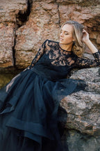 Unique Black Bateau Long Sleeves Ruffles A Line Wedding Dress Appliques Lace