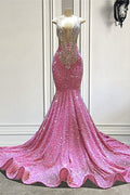 Bmbridal Pink V Neck Mermaid Prom Dress Sleeveless Beaded Floor Length