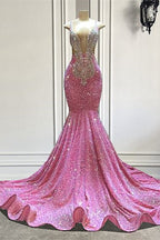 Bmbridal Pink V Neck Mermaid Prom Dress Sleeveless Beaded Floor Length