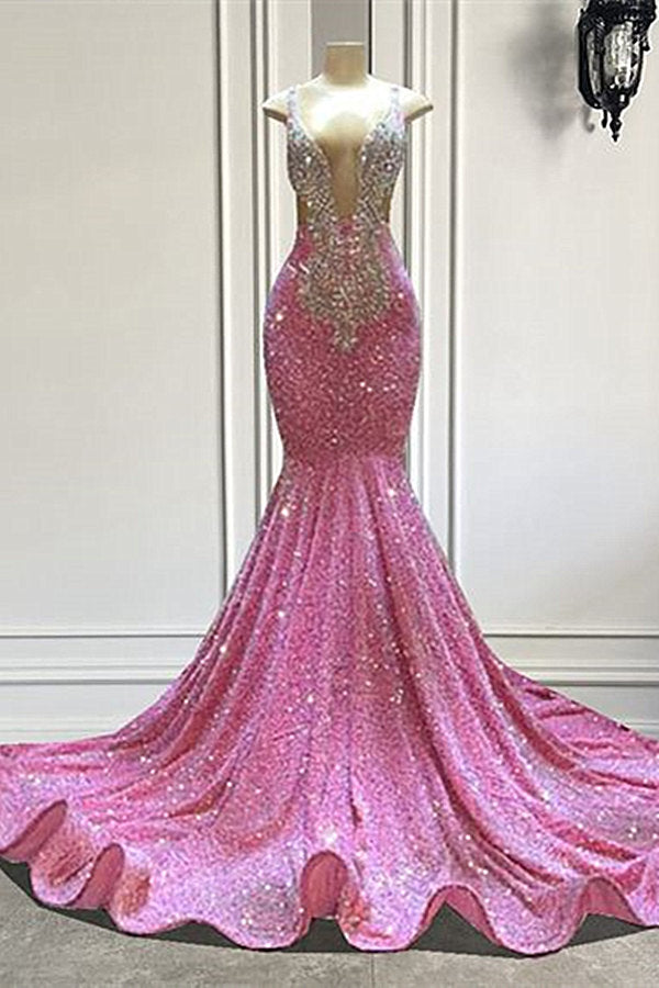 Bmbridal Pink V Neck Mermaid Prom Dress Sleeveless Beaded Floor Length