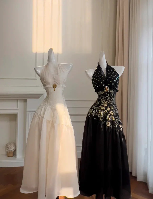 Elegante abito da sera lungo a linea ad A nero con stampa floreale in raso, paillettes e collo all'americana Y8568