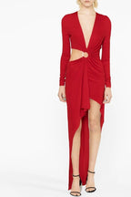 Diva Deep V Crystal O Ring Cutout Ruched Ruffle Jersey High Low Evening Dress