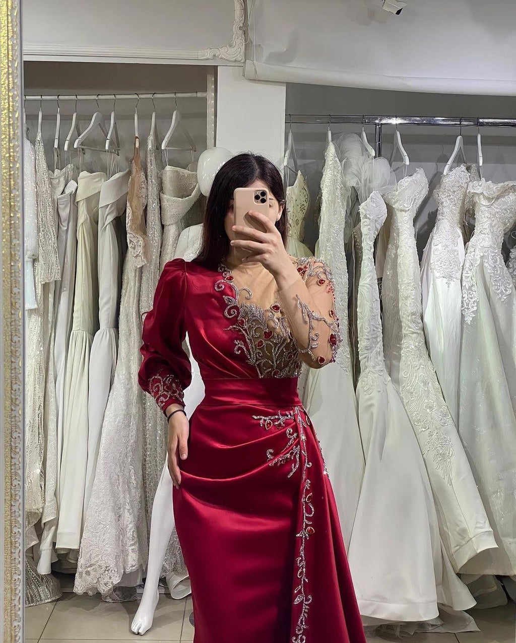 Burgundy Long Sleeves Prom Dress Mermaid Silhouette With Pearls Back Zipper