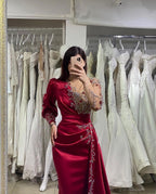 Burgundy Long Sleeves Prom Dress Mermaid Silhouette With Pearls Back Zipper