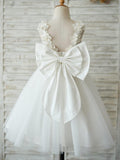 Ivory Lace Tulle Knee Length 3D Flower Girl Dress With V Back