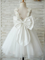 Ivory Lace Tulle Knee Length 3D Flower Girl Dress With V Back