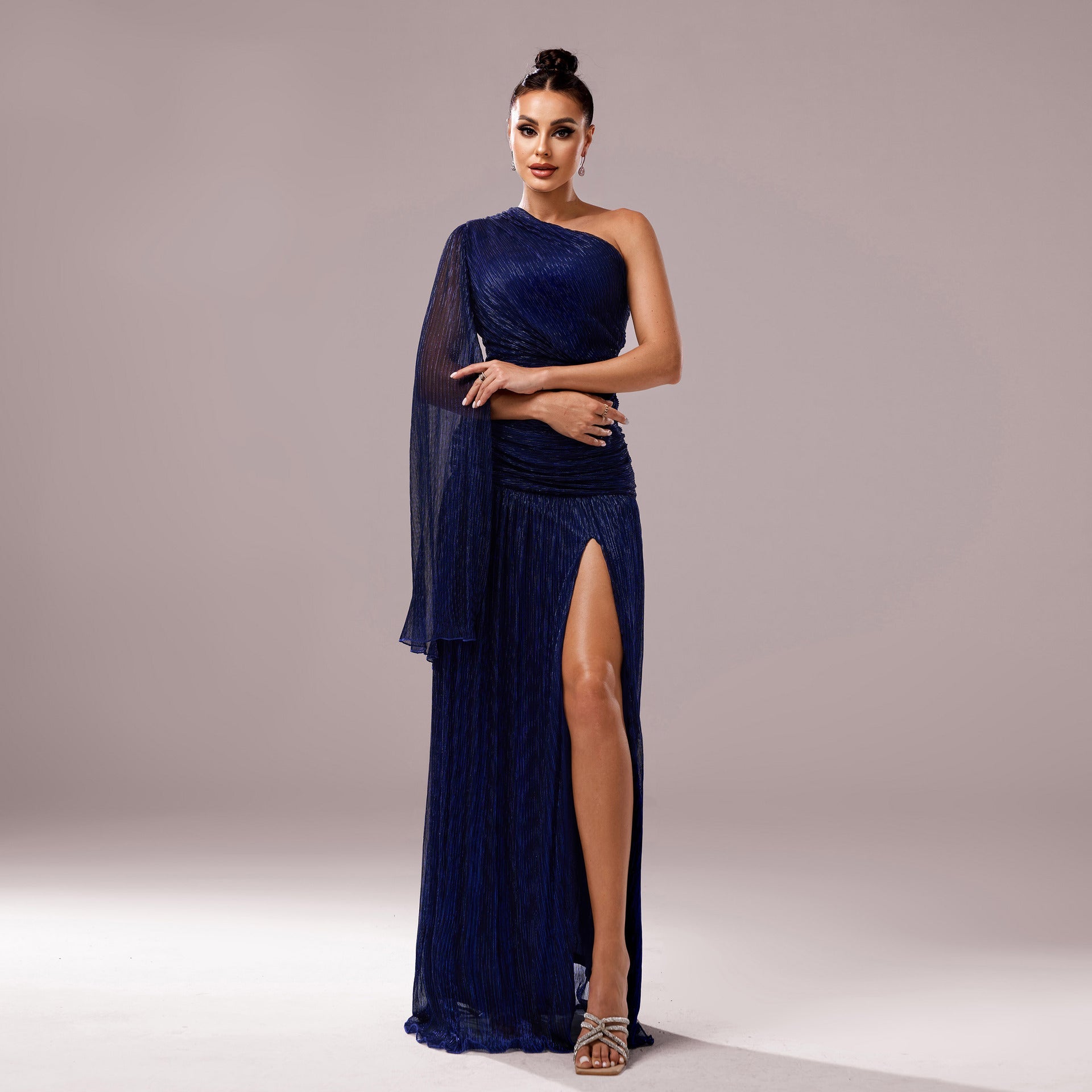 One-Shoulder Long Sleeve Slit Gown – Elegant Evening Dress