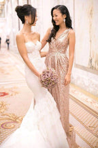 BMbridal Elegant A Line Open Back Sequined Sleeveless V Neck Evening Dress