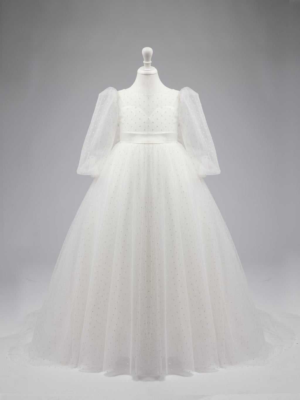Ivory Polka Dot Tulle Puff Sleeve Sweep Train First Communion Flower Girl Dress
