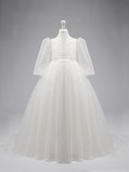 Ivory Polka Dot Tulle Puff Sleeve Sweep Train First Communion Flower Girl Dress