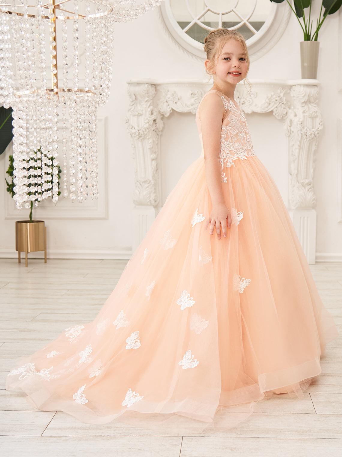 Elegant Sleeveless Tulle Flower Girl Dress With Applique Lace And Sweep Train