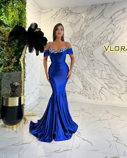 Long Mermaid Spaghetti Straps Sweetheart Satin Evening Prom Dress