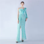 Craft Ostrich Feather Ruffled Side Slit High End Sequined Evening Dress