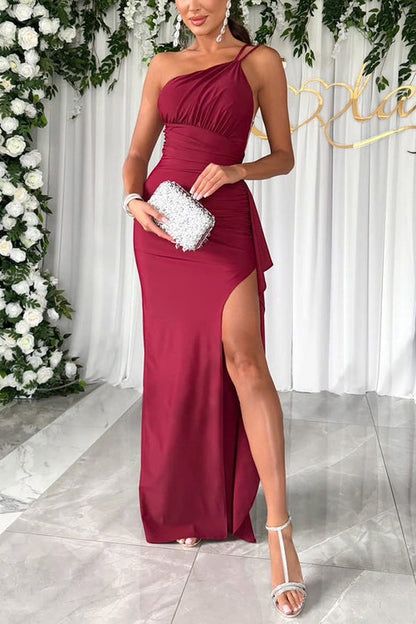 Vestido largo con abertura y volantes en la cintura fruncida de un solo hombro para fiesta Love 