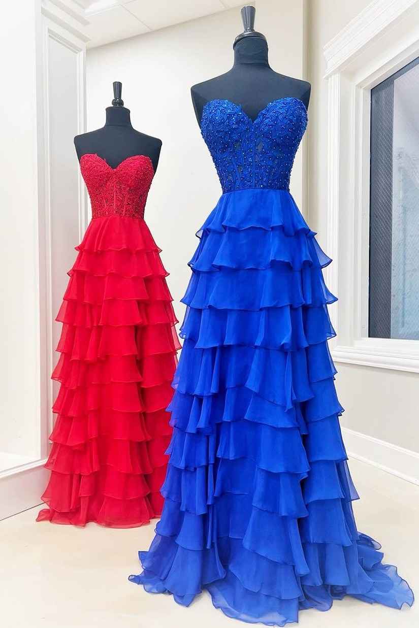 Light Blue A Line Sweetheart Chiffon Prom Dress With Tiered Ruffles Appliques