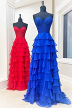 Light Blue A Line Sweetheart Chiffon Prom Dress With Tiered Ruffles Appliques
