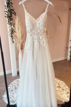 Modern Long A Line Backless Tulle Wedding Dress With Appliques Lace