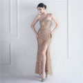Velvet Bottom Sequin One Shoulder Fishtail Evening Dress