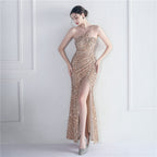 Velvet Bottom Sequin One Shoulder Fishtail Evening Dress