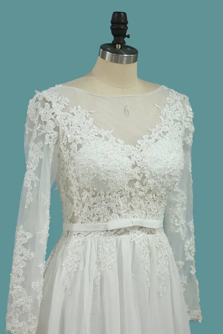 Elegant A Line Chiffon Floor Length Wedding Dress With Long Sleeves Ruffles