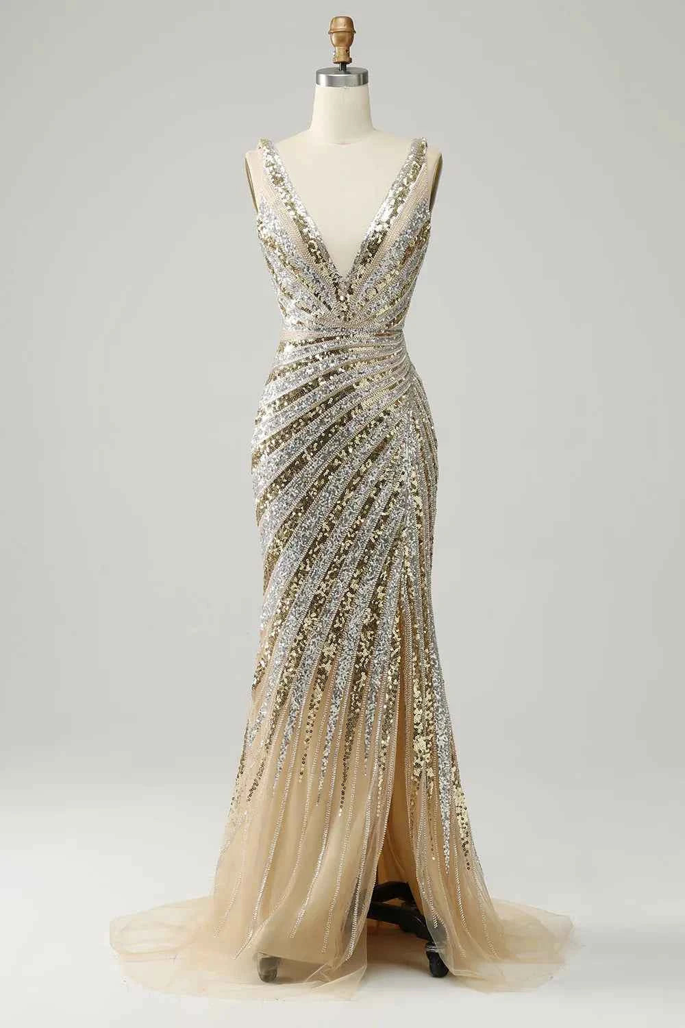 Sparkling Gold Sequined Mermaid Long Prom Dress With Deep V Neck